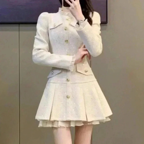 Apricot Elegant Women's Sequin Tweed Pleated Single Breasted Mini Dress - Picture 6 of 7